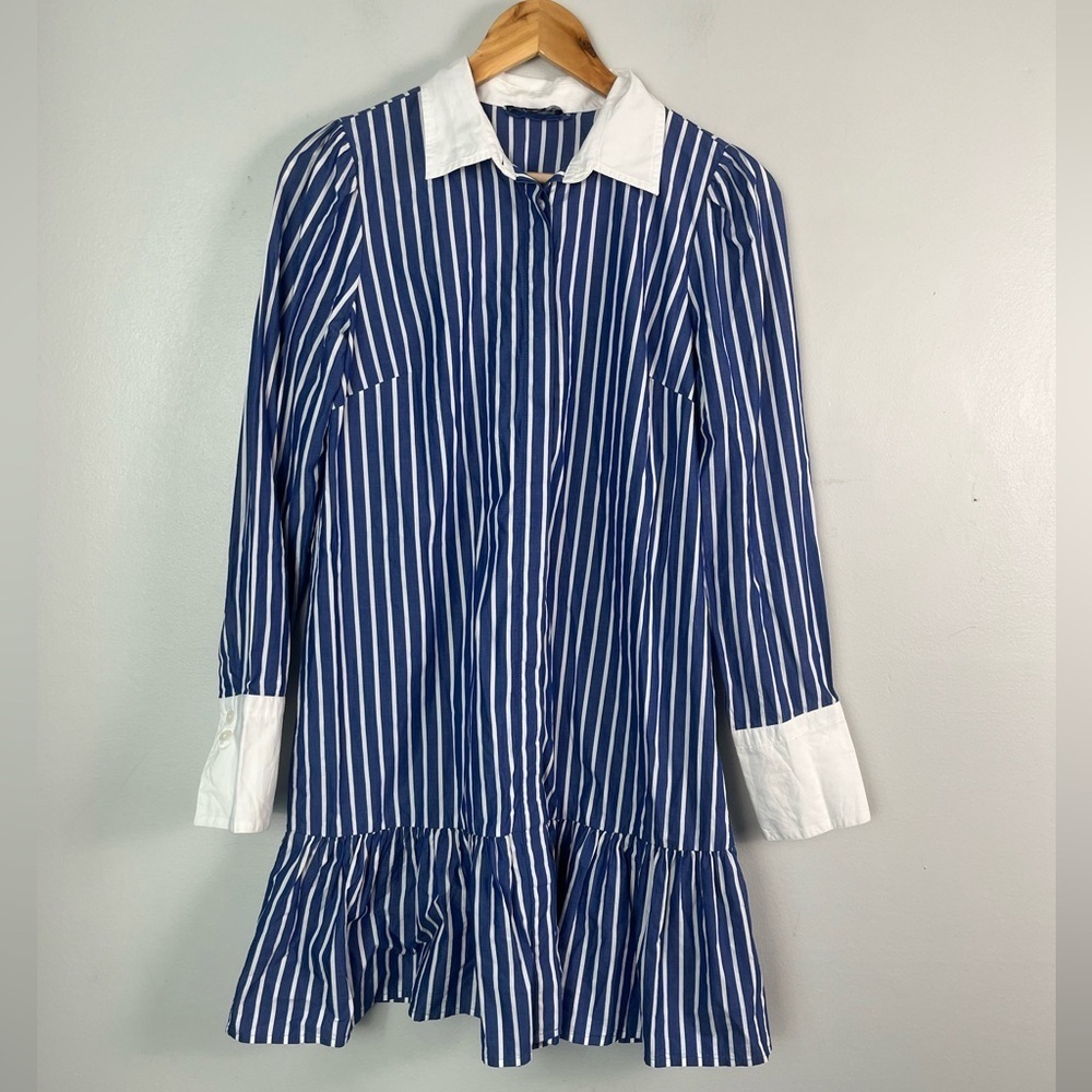 J.CREW Tiered Shirtdress In regenerative Cotton Poplin size 4 blue white